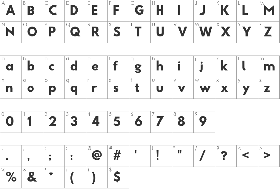 Sztylet font character map preview