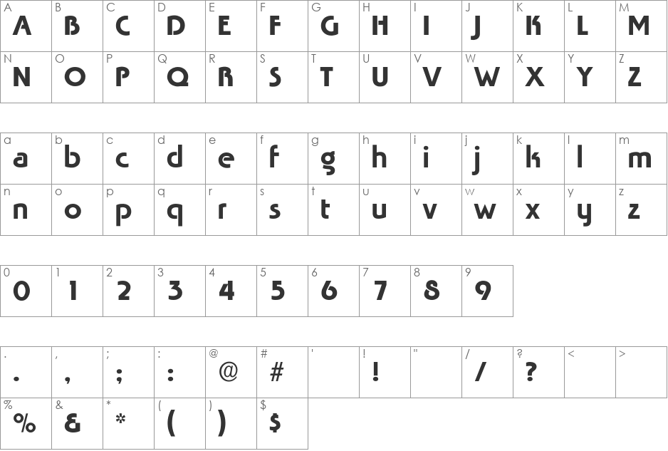 Tabasco font character map preview