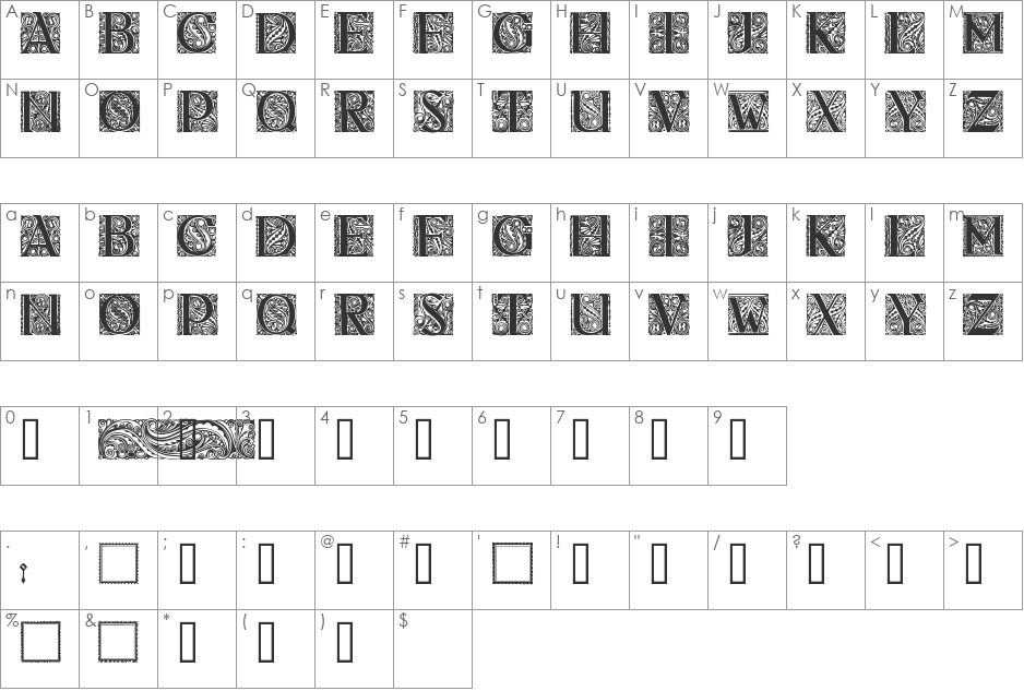 Behrens Antiqua Initialen font character map preview