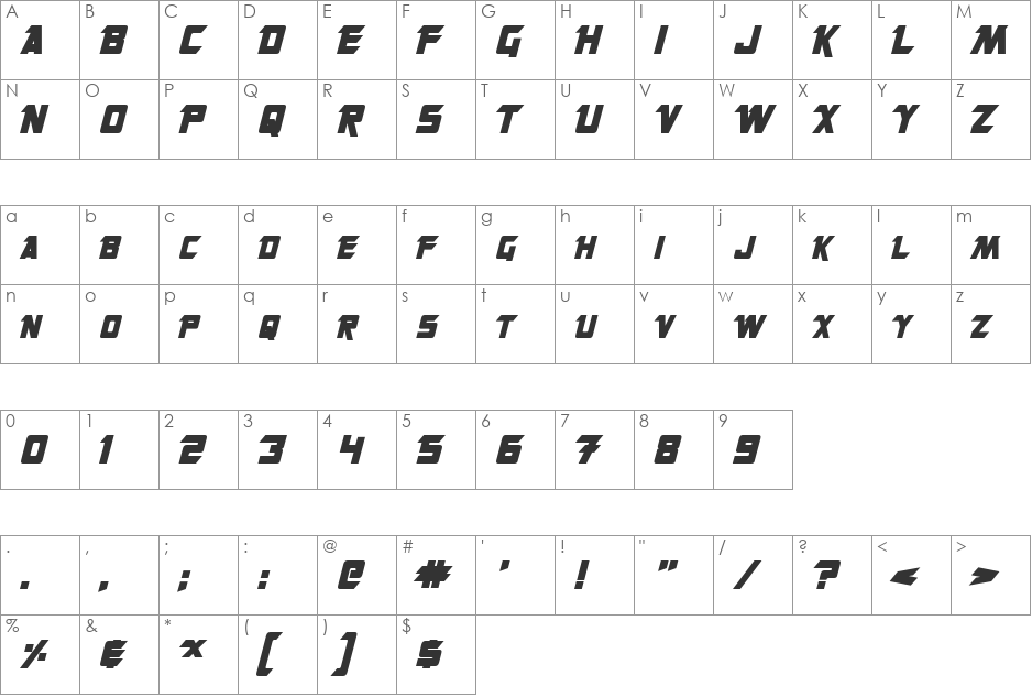 Takara font character map preview