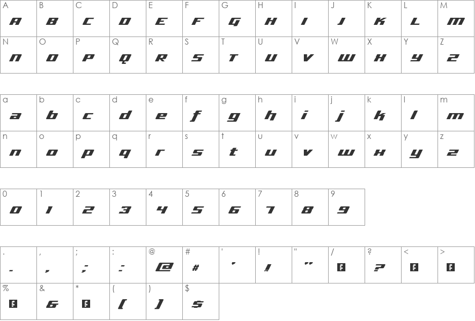 Talladega Knight font character map preview