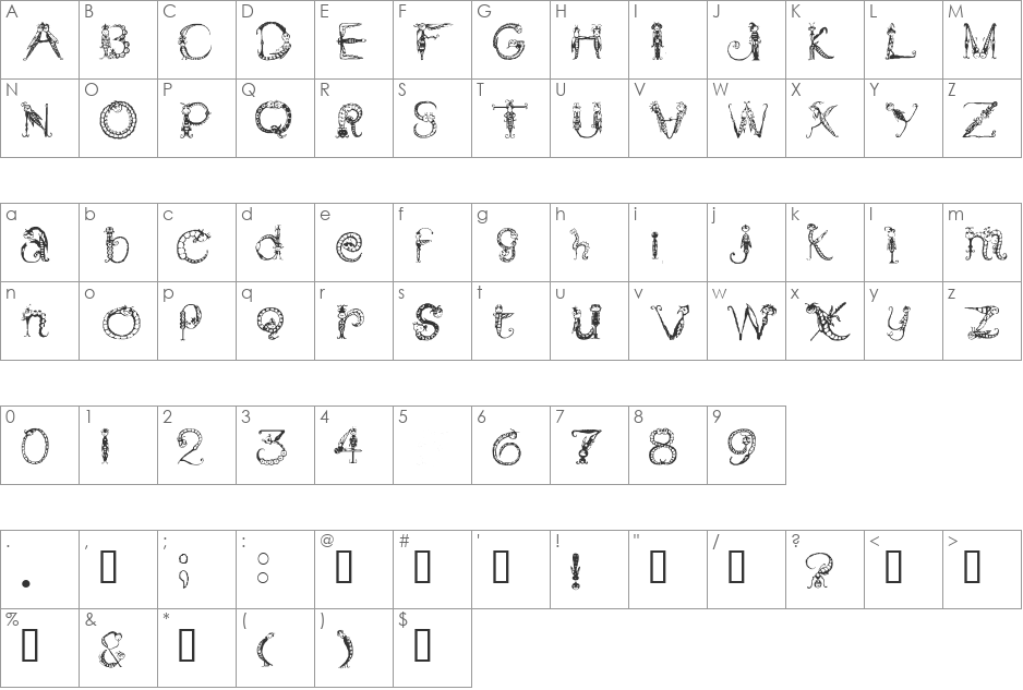 Tarantella font character map preview