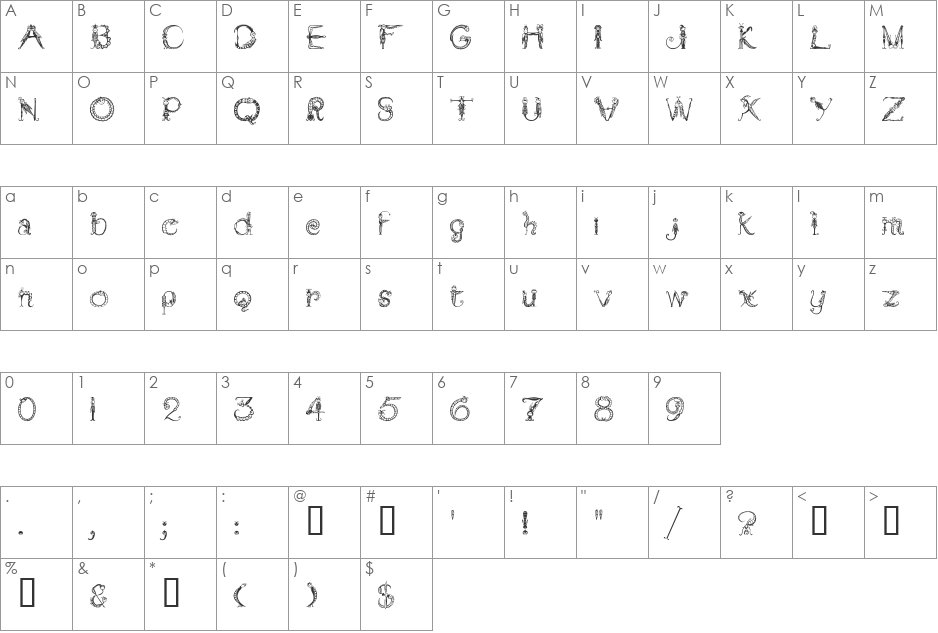 Tarantella MF font character map preview