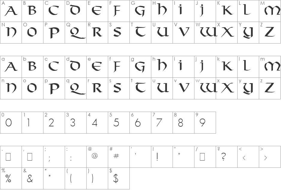 Tarantis font character map preview