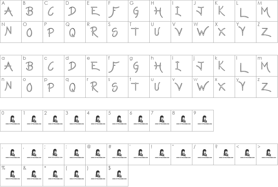 Tardy font character map preview