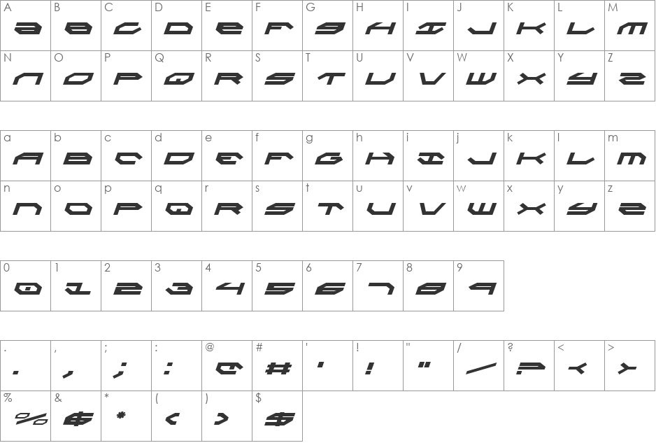 Taskforce Italic font character map preview