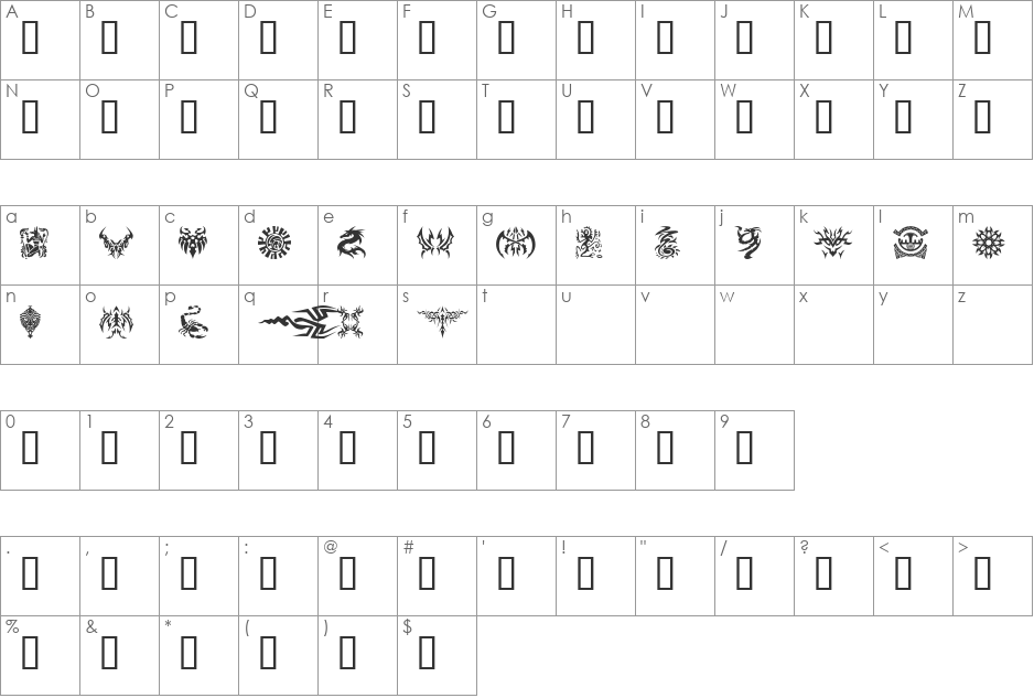 Tattoo font character map preview