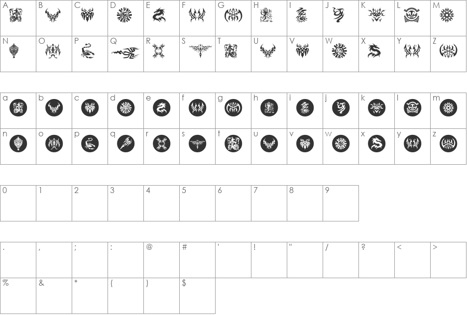Tattoolike font character map preview