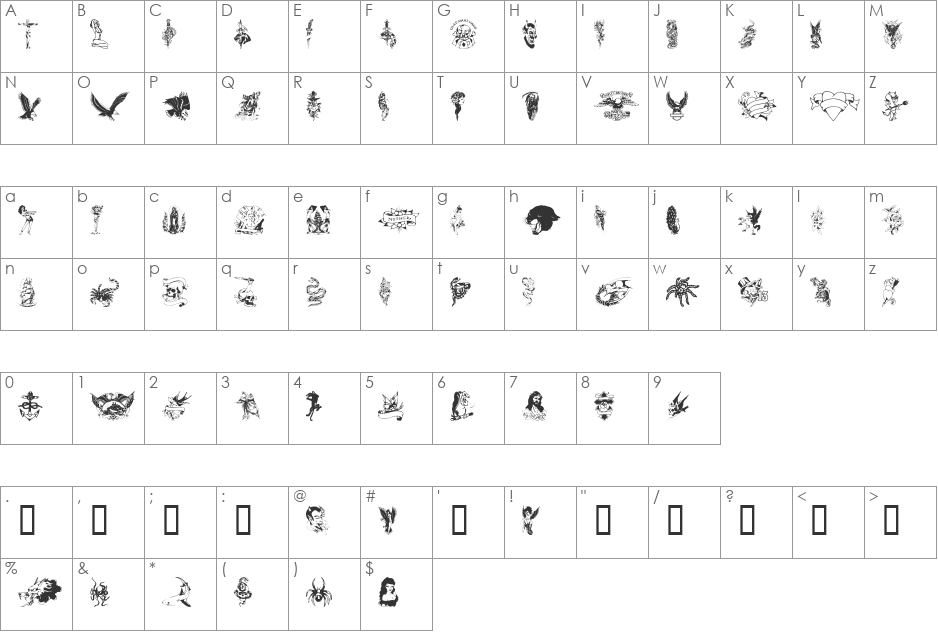 TattooParlour font character map preview