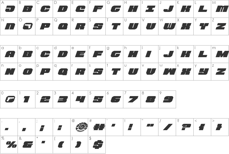 Tauro Expanded Italic font character map preview