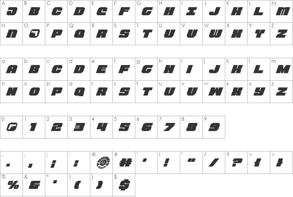 Tauro Italic font character map preview