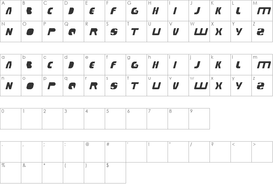 techno tech font character map preview