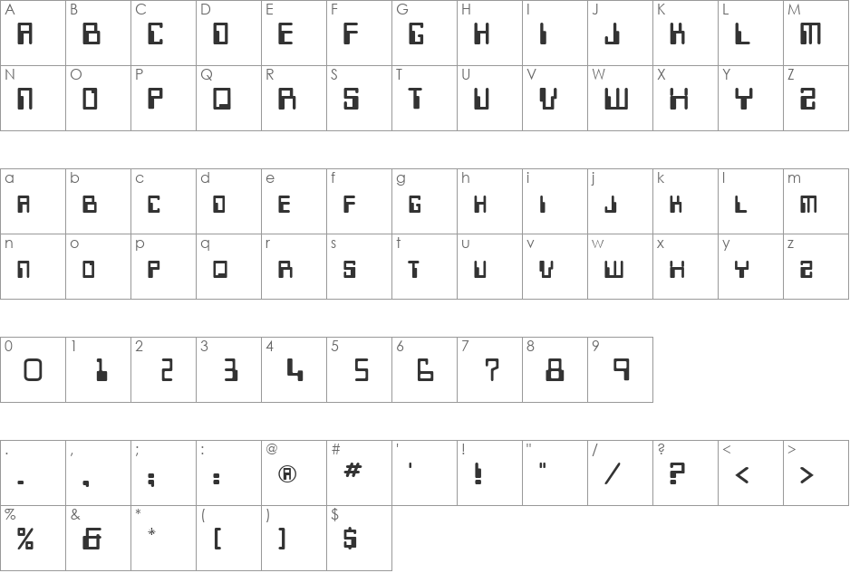 Technocrat font character map preview