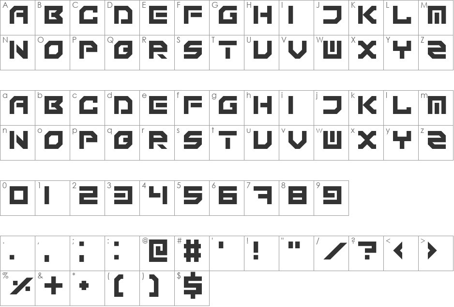 Technonomicon font character map preview