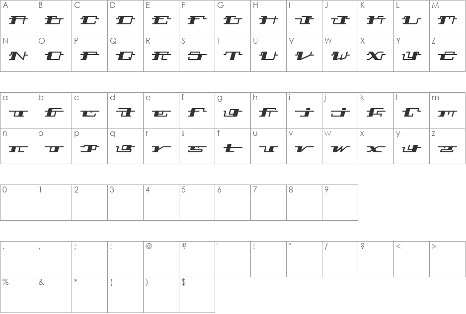 Technostroked font character map preview