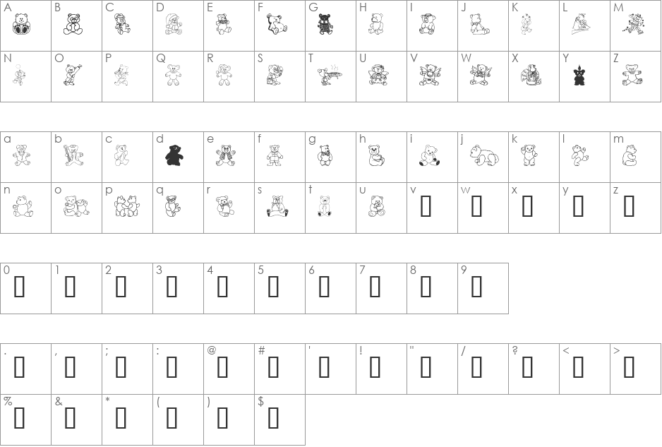 Teddios font character map preview
