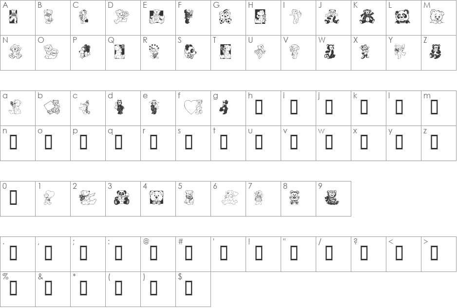 Teddyber V1.1 font character map preview