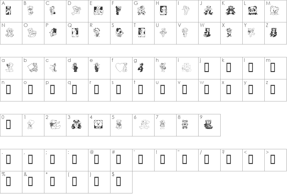Teddyber V1.2 font character map preview