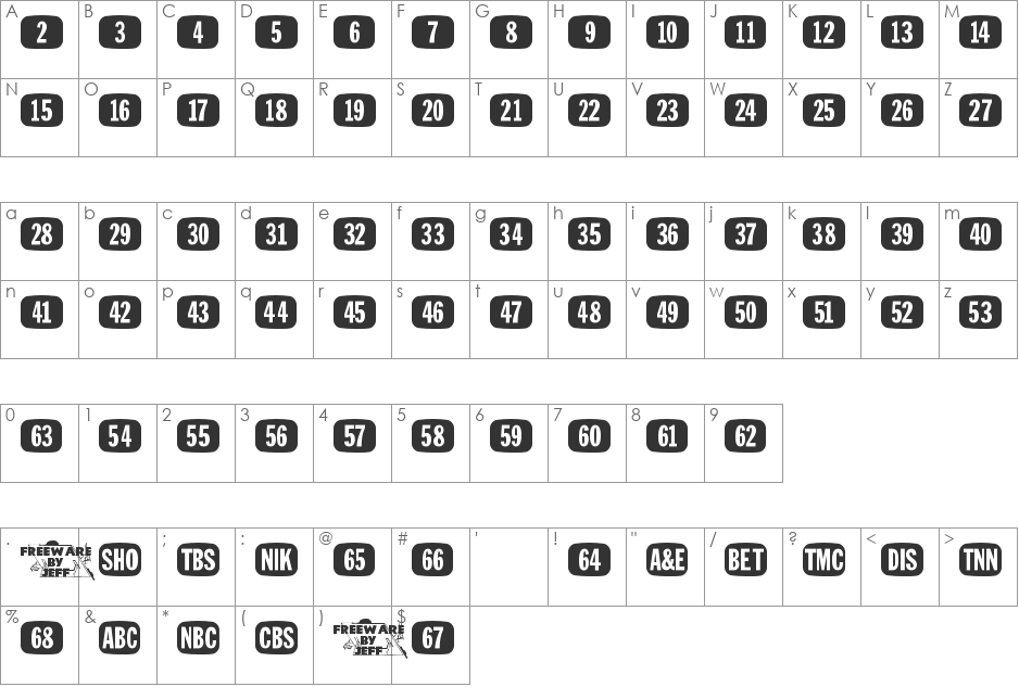 Tee Vee Set JL font character map preview